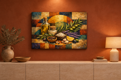 Cubist Mediterranean ingredients still life canvas on a terracotta wall above a pale stone sideboard - Portugal Canvas Co