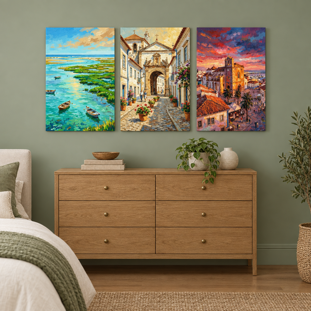 Faro three-panel canvas set with lagoon boats, an old town arch and sunset church in a sage green bedroom - Portugal Canvas Co