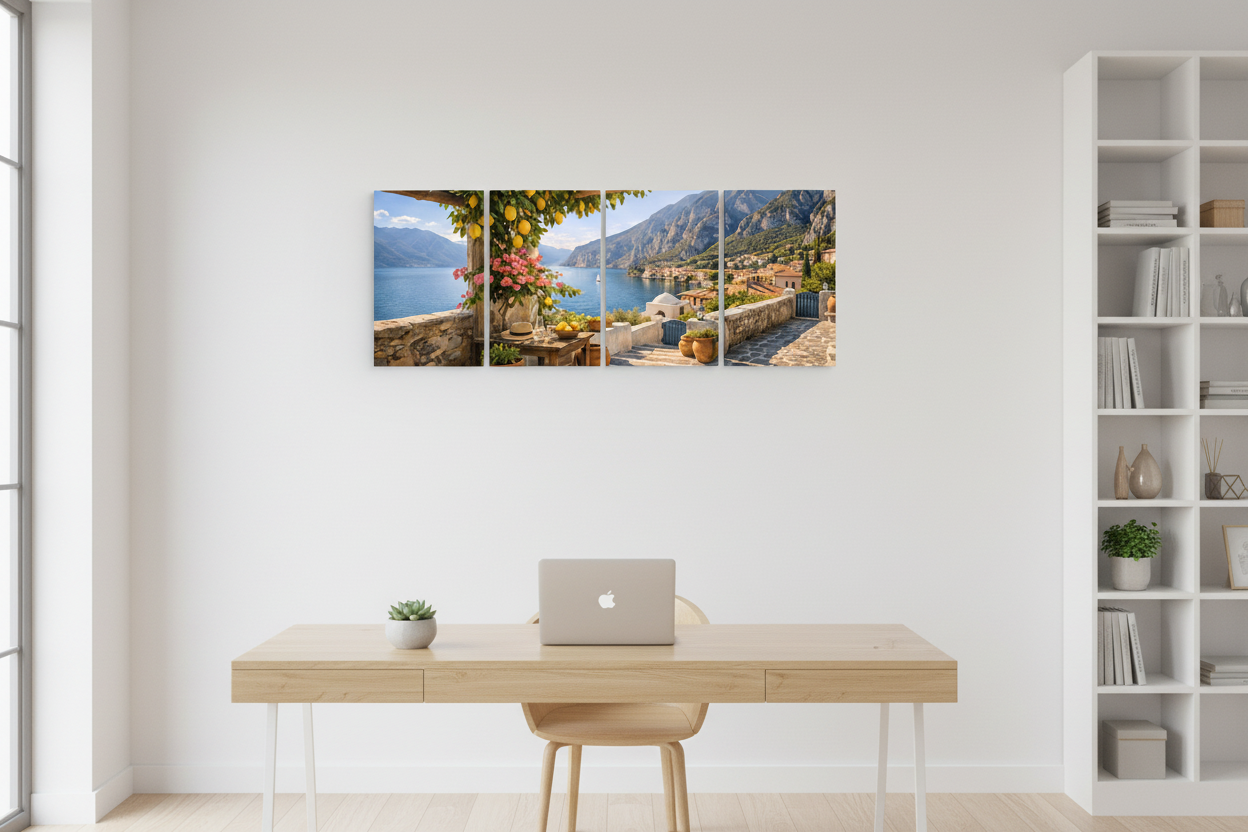 Hidden Mediterranean cove four-panel canvas wall art displayed above a home office desk in a bright Scandinavian-style interior - Portugal Canvas Co
