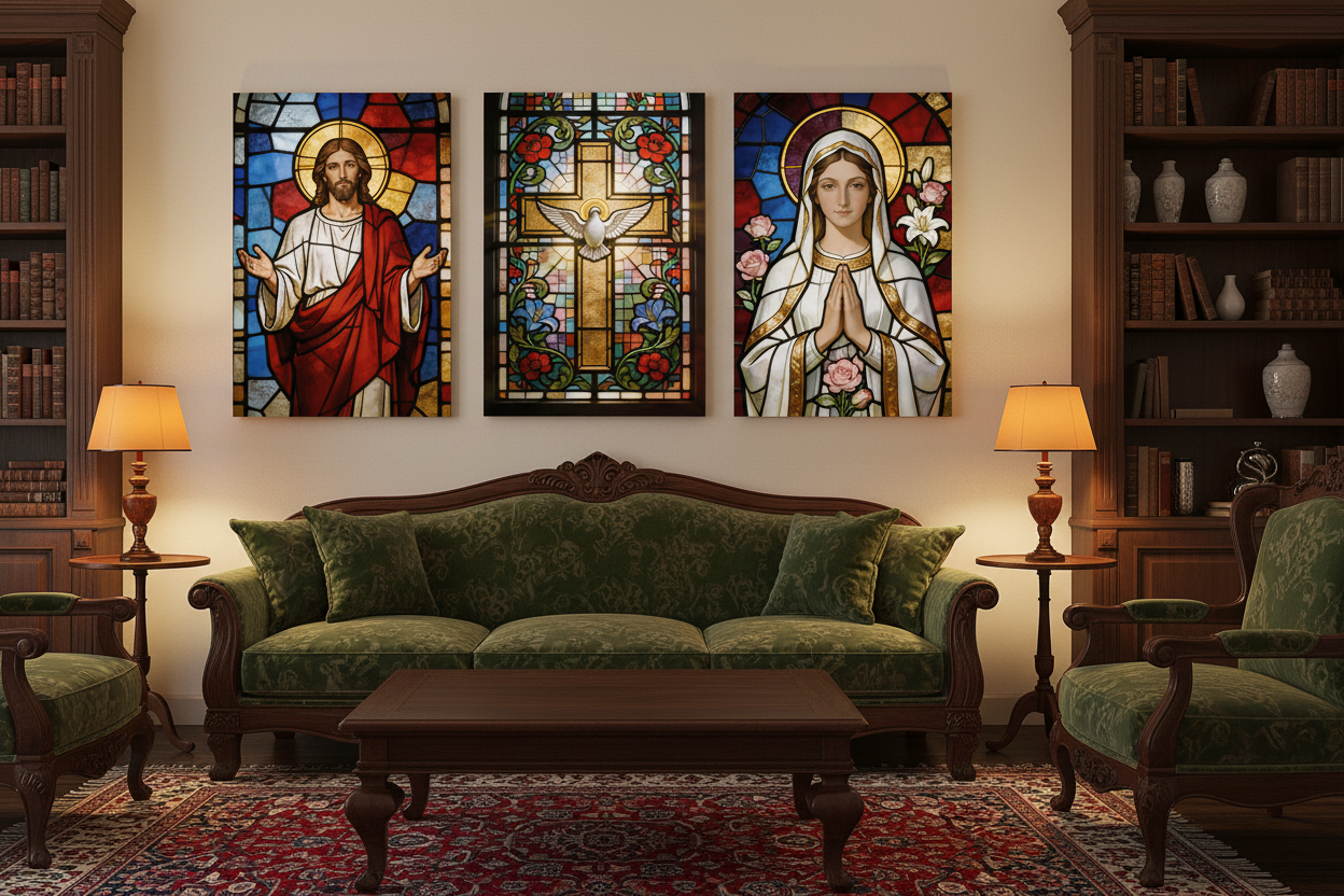 Stained glass religious triptych canvas wall art with Jesus cross and Virgin Mary on a cream wall in a cosy traditional living room - Portugal Canvas Co