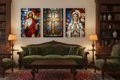Stained glass religious triptych canvas wall art with Jesus cross and Virgin Mary on a cream wall in a cosy traditional living room - Portugal Canvas Co