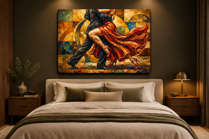 Geometric red dress tango canvas displayed in a dramatic modern bedroom - Portugal Canvas Co