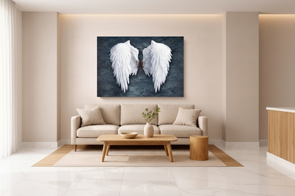 White angel wings on dark textured background canvas wall art displayed in an upscale spa reception area with white marble floors and minimalist luxury decor - Portugal Canvas Co