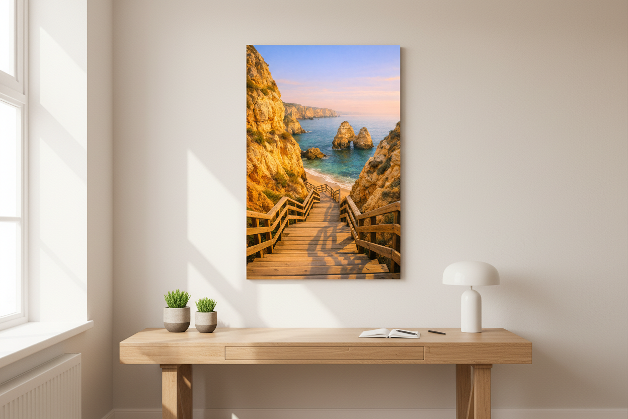 Praia do Camilo wooden stairway Algarve coastal canvas wall art displayed above a wooden desk in a warm minimalist home study - Portugal Canvas Co