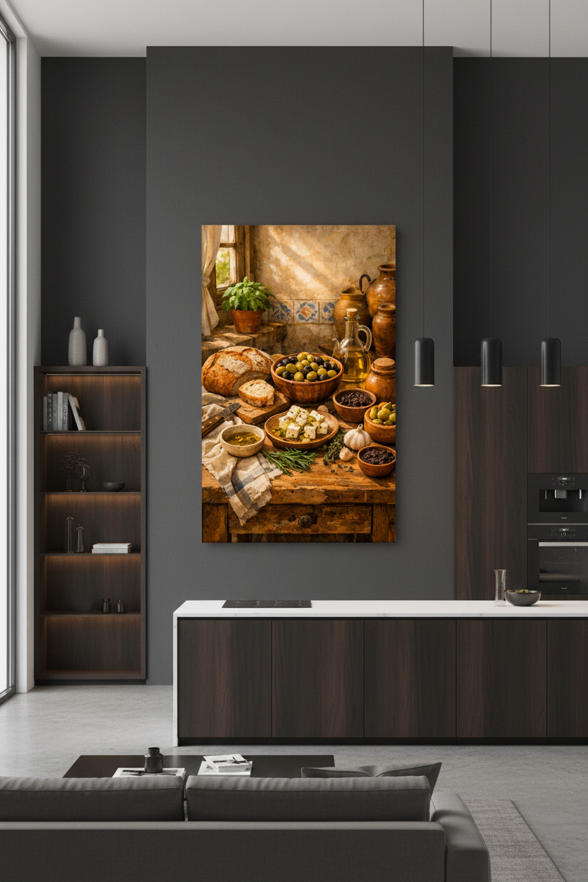 Mediterranean kitchen still life canvas wall art displayed on a dark charcoal wall in a sophisticated contemporary open-plan kitchen and living space - Portugal Canvas Co