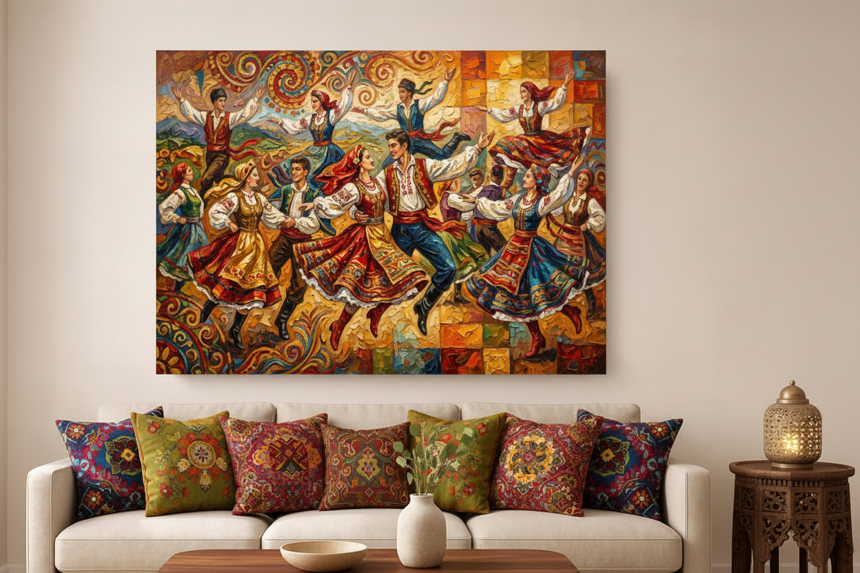 Colorful traditional folk dancers vibrant canvas wall art displayed on a beige wall above a cream sofa in a cozy eclectic living room - Portugal Canvas Co