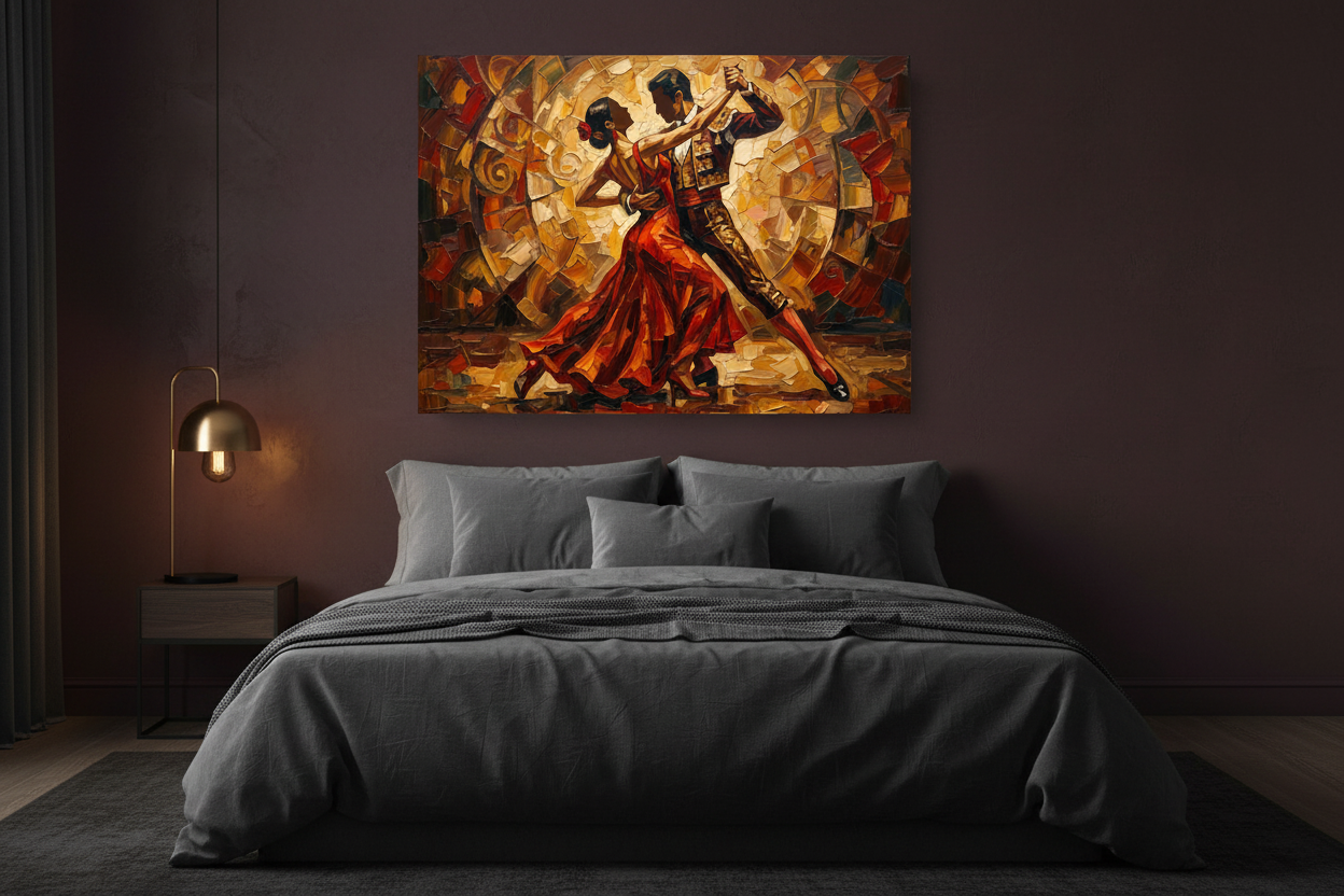 Flamenco tango couples dance canvas wall art on a deep burgundy wall in a dramatic moody bedroom with gold lamp - Portugal Canvas Co