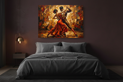 Flamenco tango couples dance canvas wall art on a deep burgundy wall in a dramatic moody bedroom with gold lamp - Portugal Canvas Co