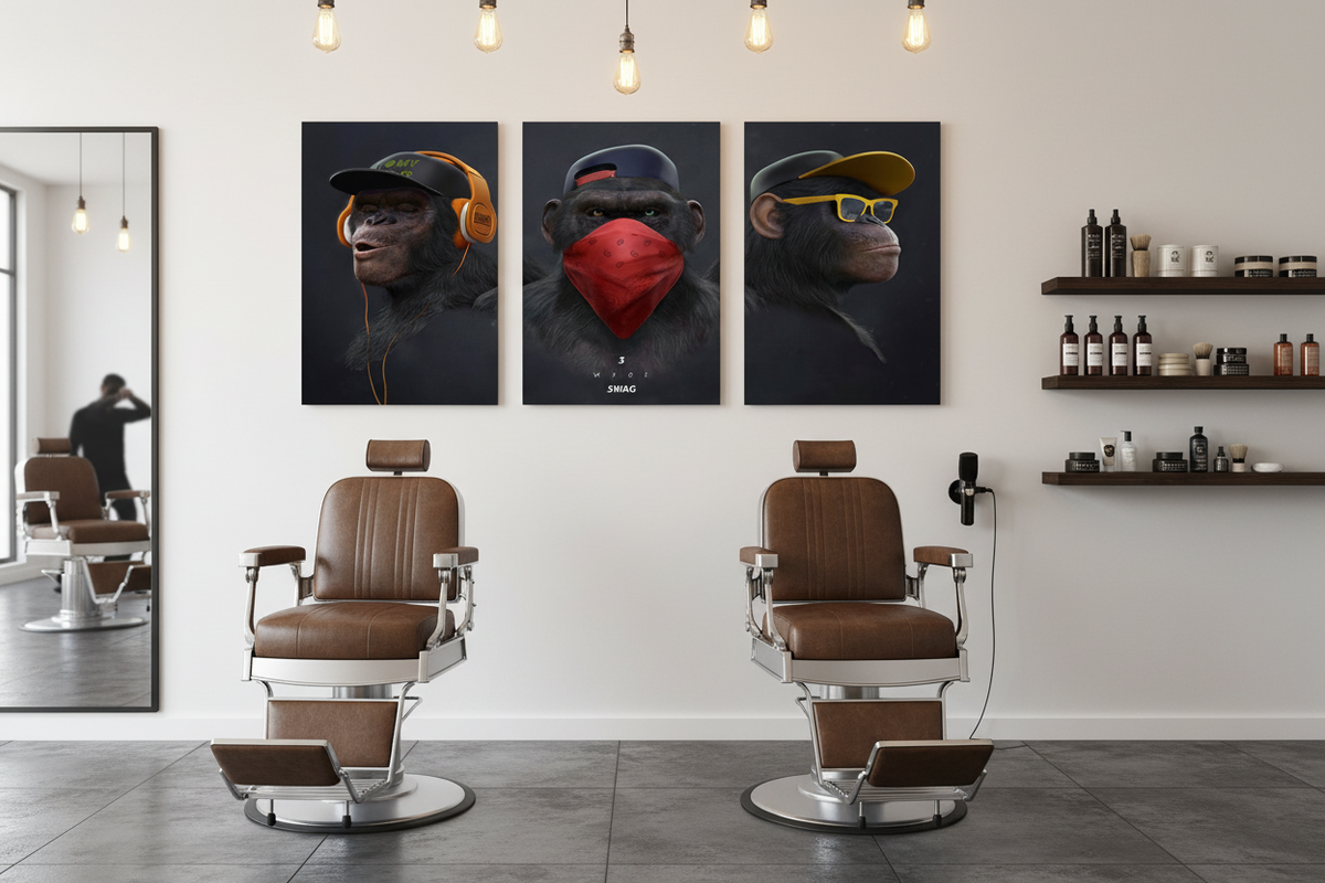 3 Wise Swag monkey triptych canvas prints displayed on a white wall in a stylish barbershop with Edison bulb lighting - Portugal Canvas Co
