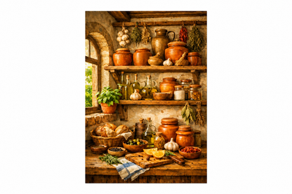 Portrait Mediterranean pantry still life artwork with terracotta pots, herbs, bread and olives on a pure white background - Portugal Canvas Co