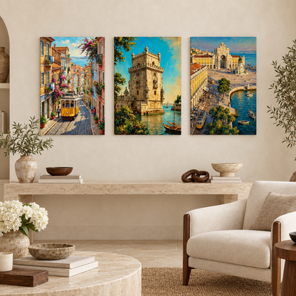 Lisbon three-panel canvas set with a yellow tram, Belém Tower and Praça do Comércio in an ivory living room - Portugal Canvas Co