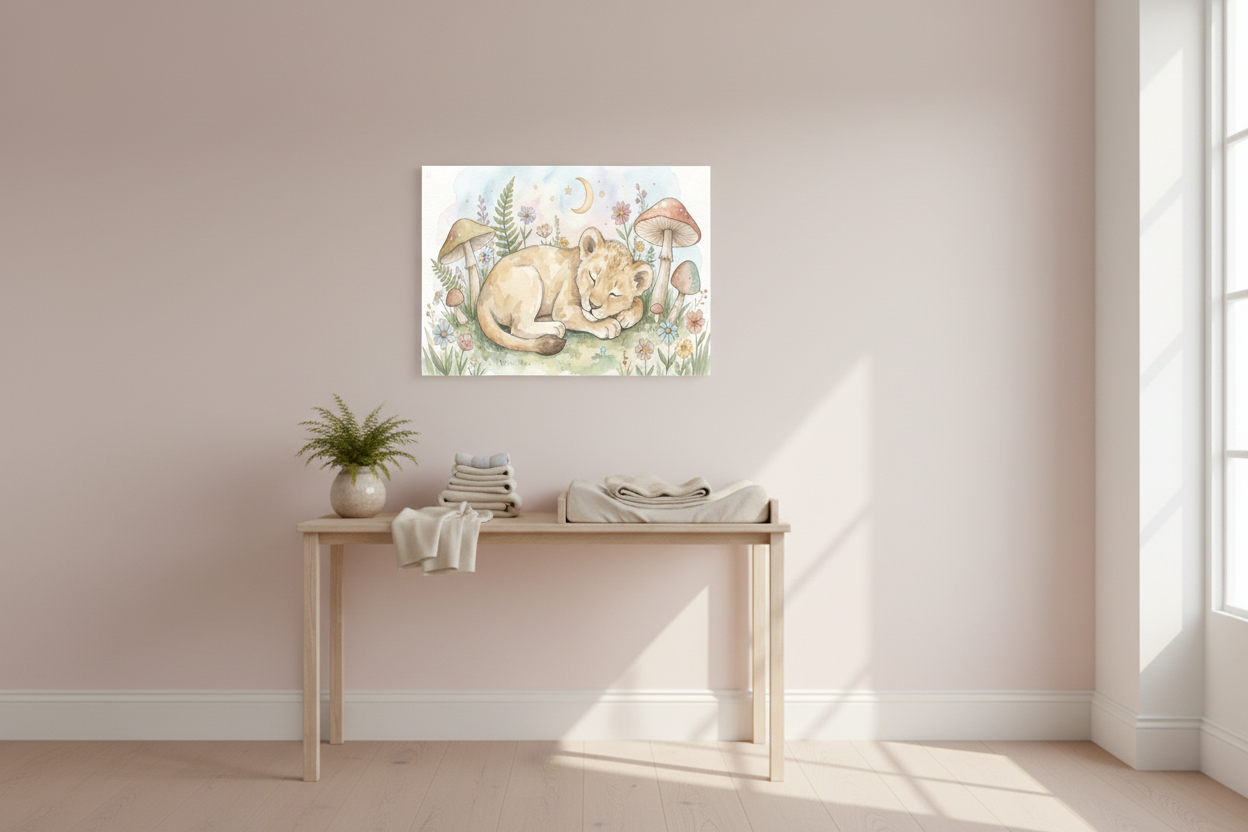 Sleeping baby lion cub nursery canvas wall art on a pastel pink nursery wall above a changing table - Portugal Canvas Co