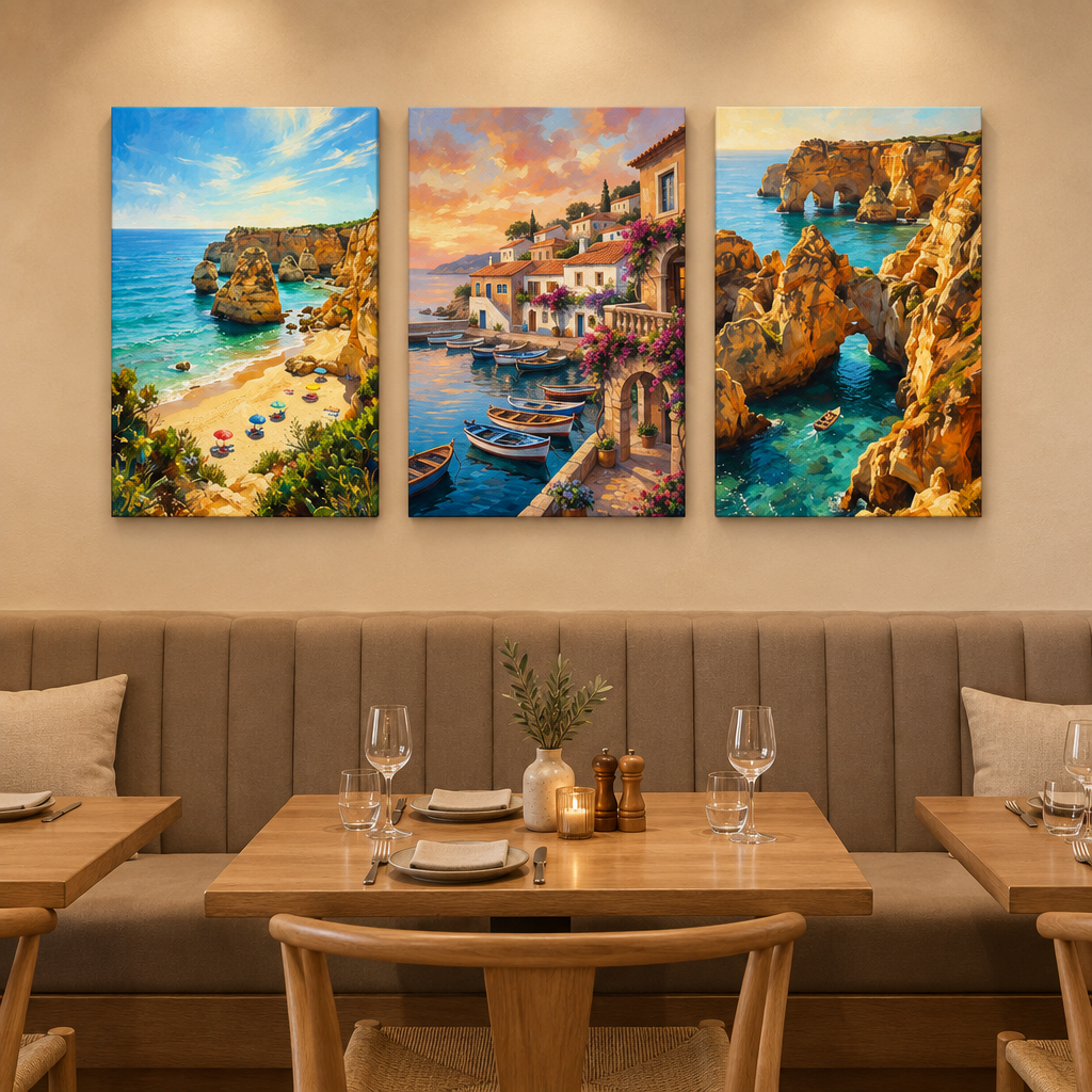 Algarve three-panel canvas set showing a beach, waterfront village and sea arches in a neutral restaurant dining room - Portugal Canvas Co