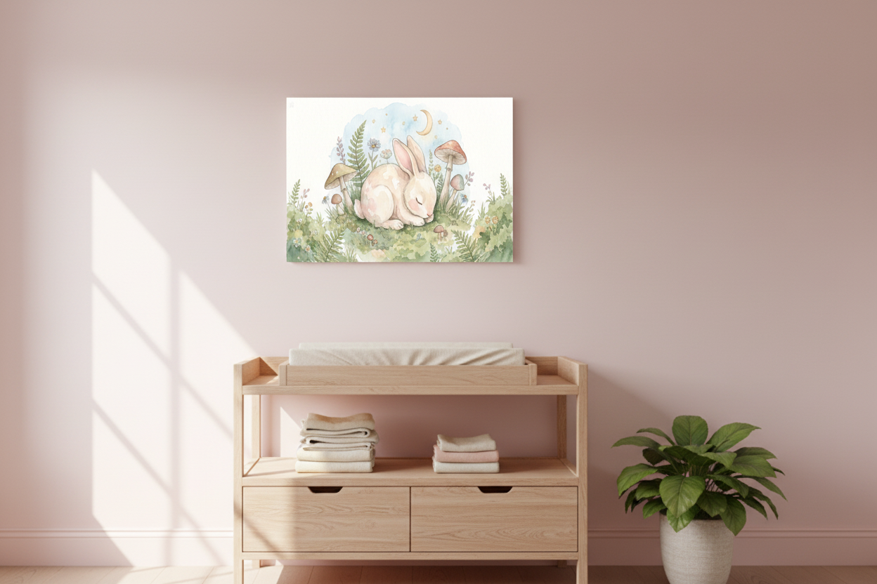 Sleeping baby rabbit nursery canvas wall art on a pastel pink nursery wall above a changing table - Portugal Canvas Co