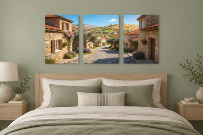 Sunlit stone village three-panel gallery-wrapped canvas above bed in sage and linen bedroom - Portugal Canvas Co