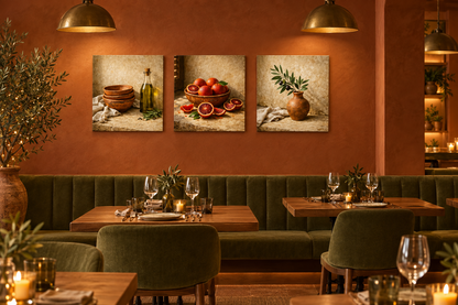 Mediterranean still life three-panel canvas set in a terracotta and olive green restaurant - Portugal Canvas Co