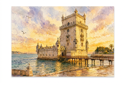 Belém Tower sunset landscape artwork shown flat on a pure white background - Portugal Canvas Co