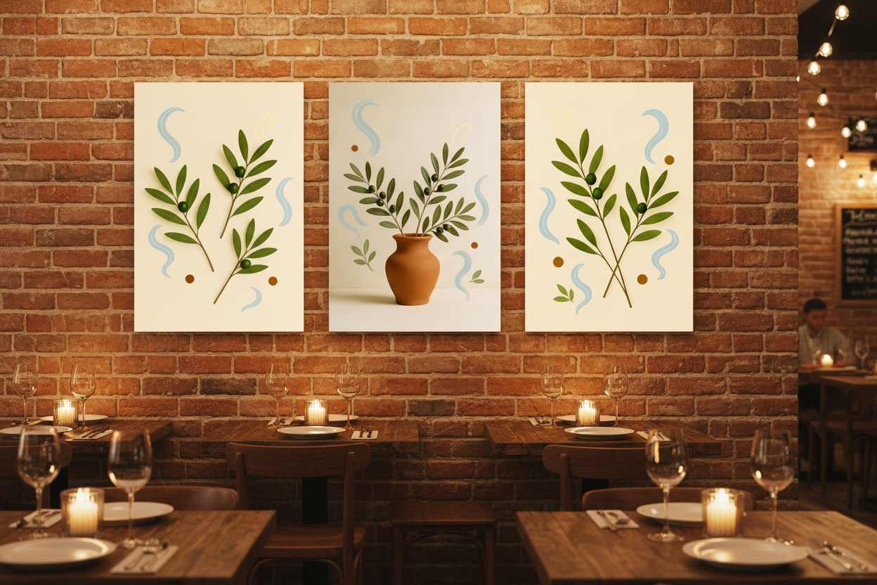 Olive Branch Botanical Canvas Set triptych on exposed brick wall in a cozy Italian-style restaurant with candlelight - Portugal Canvas Co