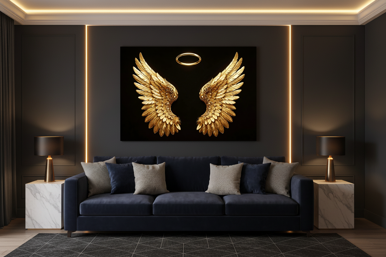 Golden angel wings with glowing halo canvas wall art displayed on the wall of a sophisticated dark luxury living room with charcoal walls and gold accent lighting - Portugal Canvas Co
