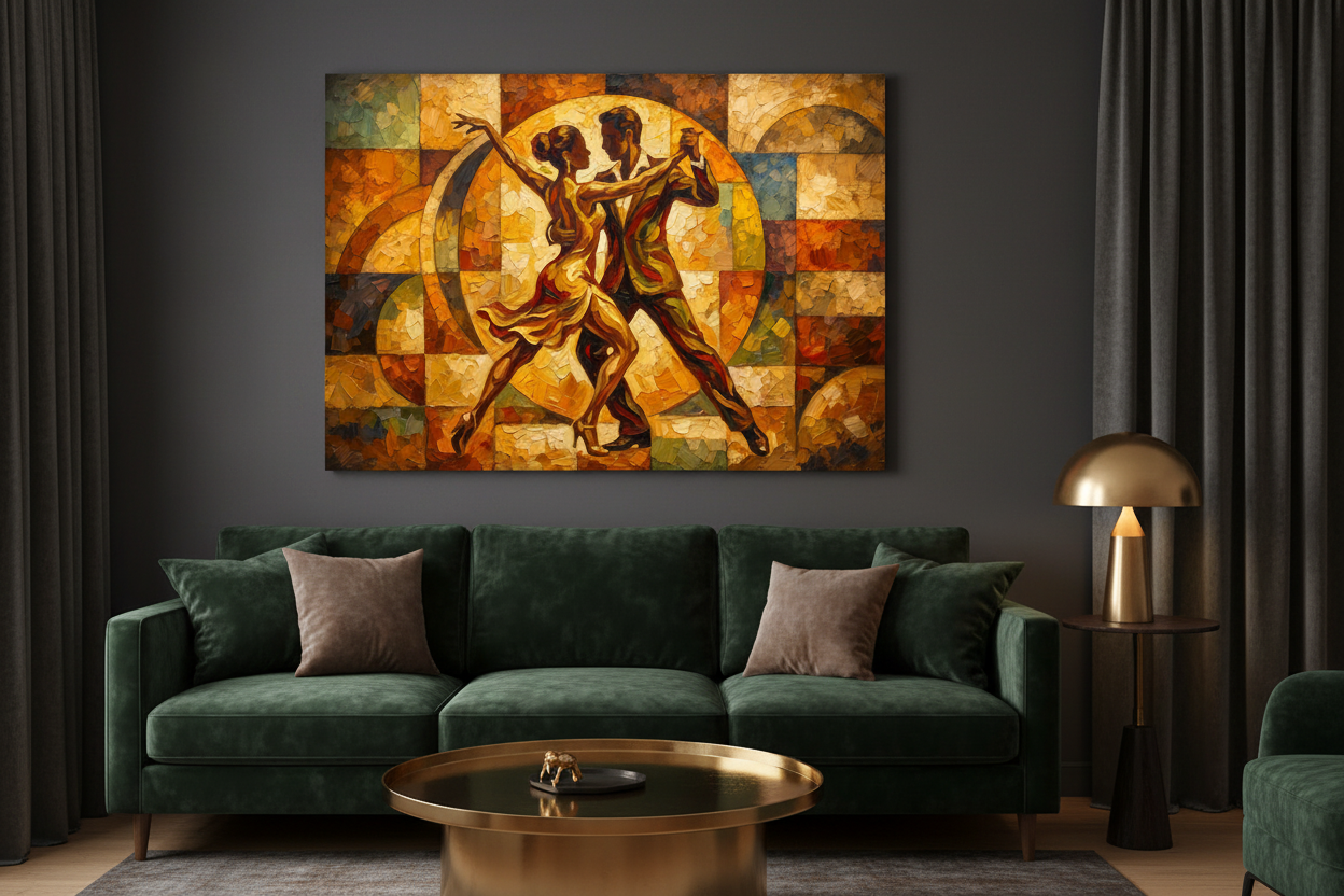 Geometric mosaic tango couples dance canvas wall art on a charcoal grey wall in a dark moody living room with velvet sofa and brass accents - Portugal Canvas Co
