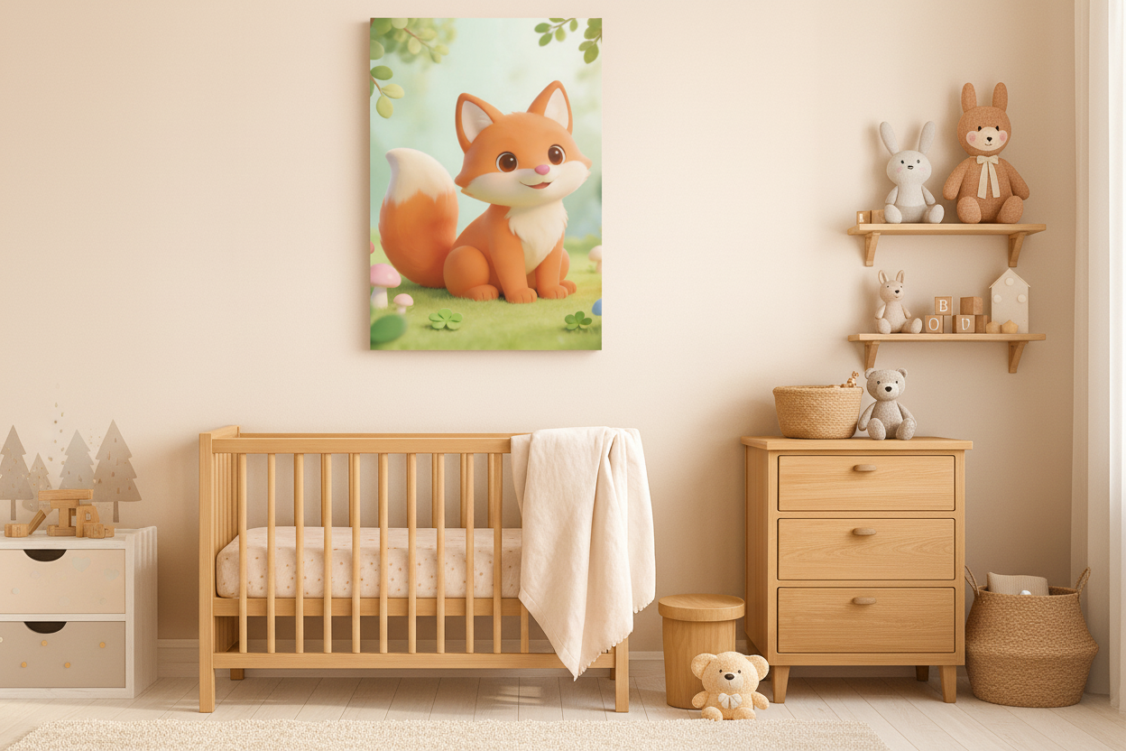 Cute fox canvas wall art displayed in a bright children's bedroom with woodland decor - Portugal Canvas Co