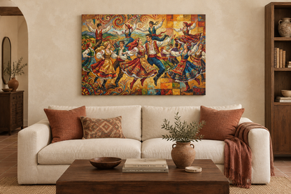 Colourful traditional folk dancers canvas displayed in a warm Mediterranean living room - Portugal Canvas Co