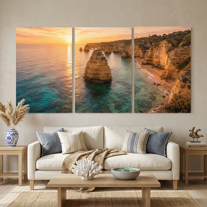 Algarve coastal sunset three-panel canvas above a cream sofa in a coastal living room - Portugal Canvas Co