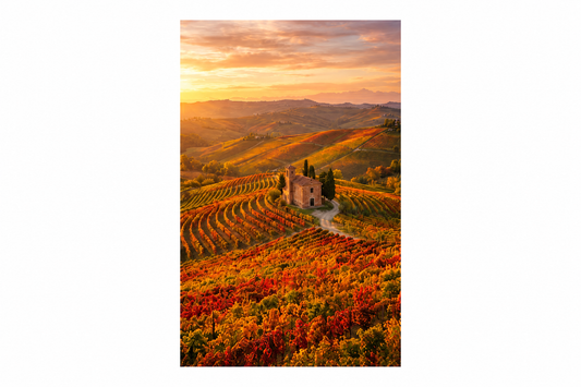 Portrait vineyard sunset canvas artwork with curved autumn vine rows and a stone chapel flat on white - Portugal Canvas Co