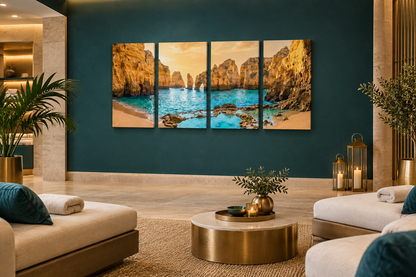 Four-panel Algarve golden cliffs canvas in a deep teal and gold five-star spa lounge - Portugal Canvas Co