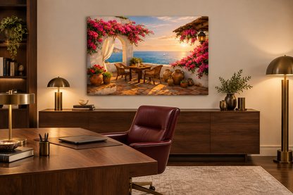 Bougainvillea seaside terrace landscape canvas in a walnut and burgundy home office with lamp lighting - Portugal Canvas Co