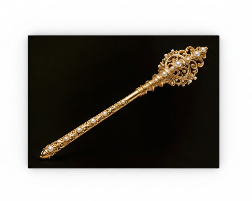 Royal golden scepter with pearl embellishments canvas wall art print on black background flat lay on white background - Portugal Canvas Co