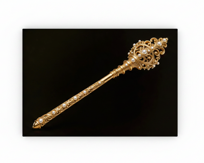 Royal golden scepter with pearl embellishments canvas wall art print on black background flat lay on white background - Portugal Canvas Co