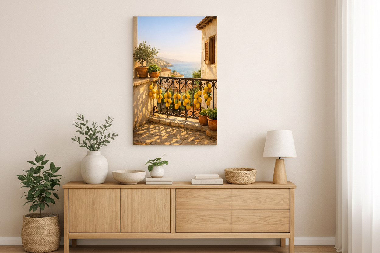 Mediterranean balcony with lemons canvas wall art hung above a wooden desk in an elegant home study - Portugal Canvas Co