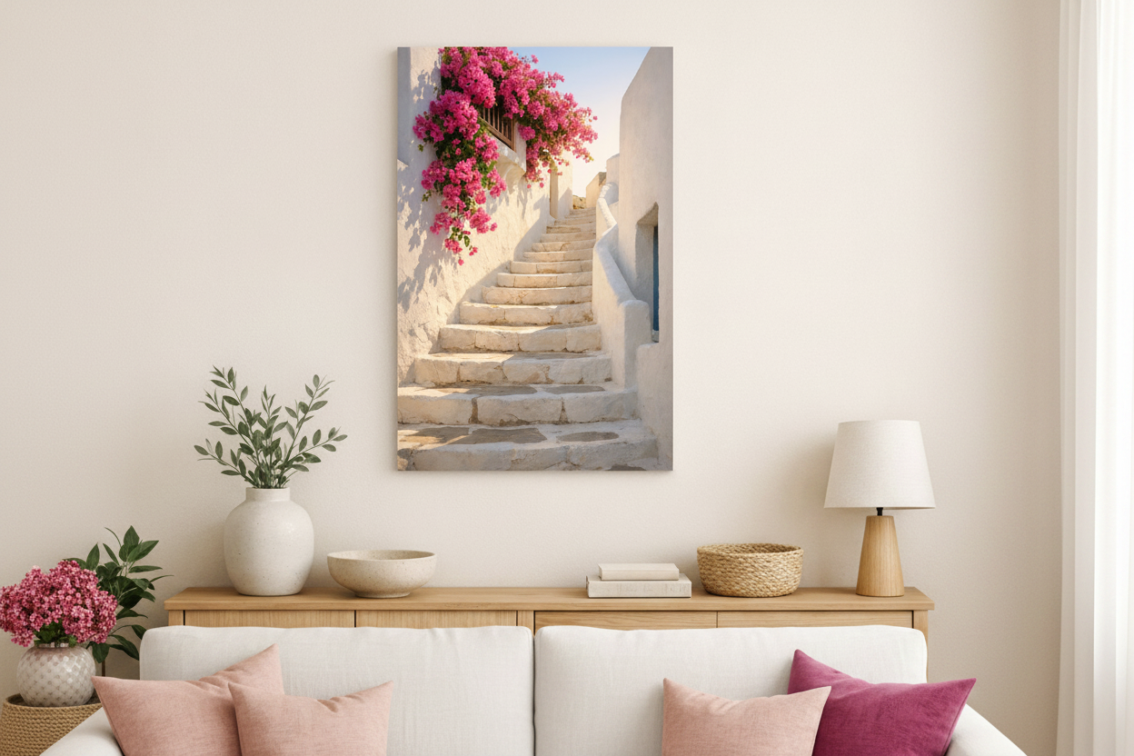 Sunlit Greek staircase with bougainvillea canvas wall art in Mediterranean living room with white linen sofa and blush pink cushions - Portugal Canvas Co