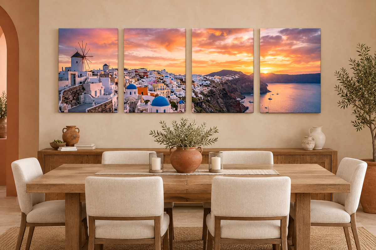 Santorini Sunset four-panel canvas over a wooden table in a terracotta and cream dining room - Portugal Canvas Co