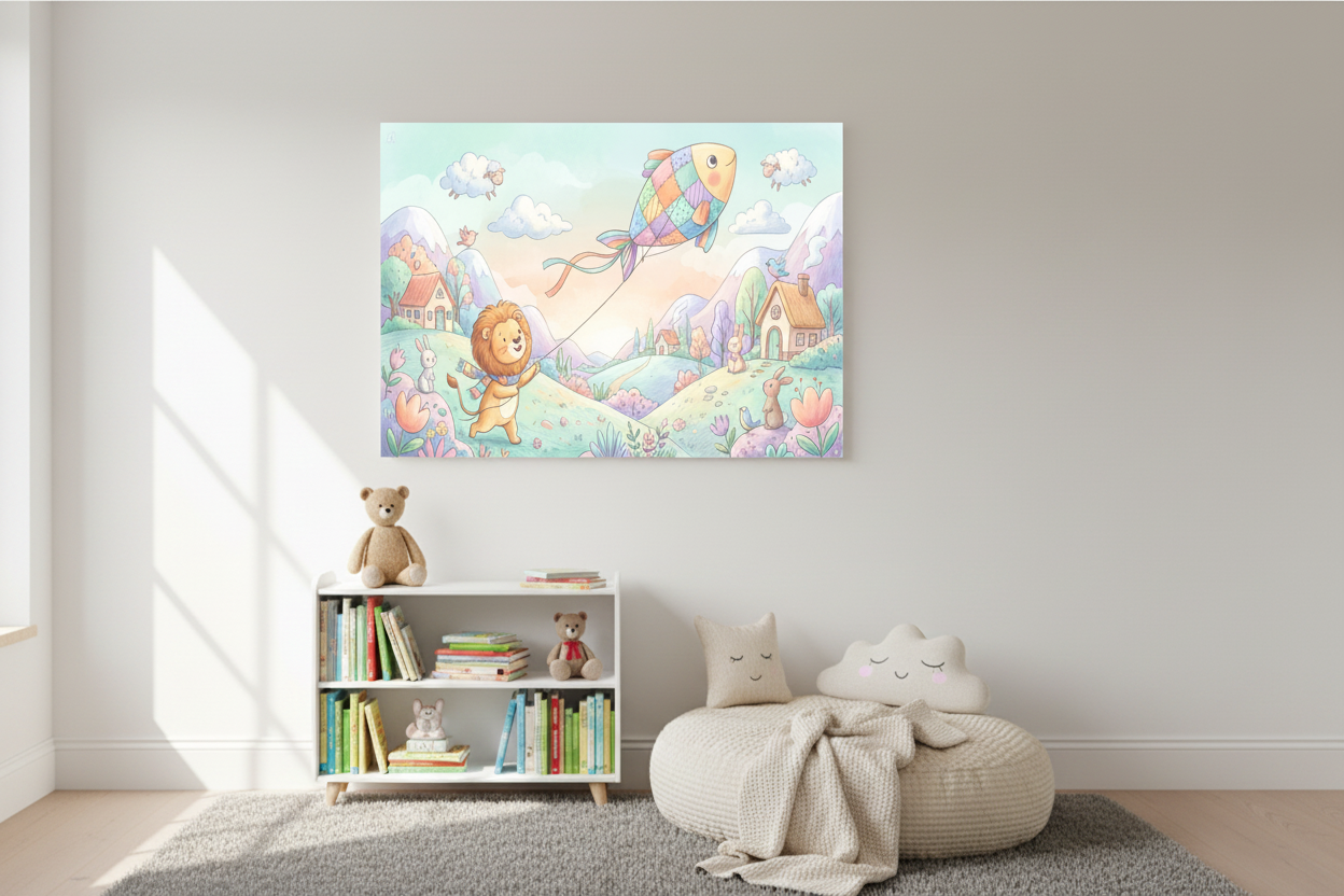 Whimsical lion flying kite nursery canvas wall art in a children's reading nook with wooden bookshelf and soft plush toys - Portugal Canvas Co