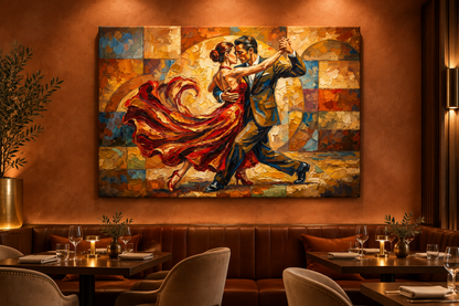 Geometric red dress tango canvas displayed in an upscale restaurant - Portugal Canvas Co