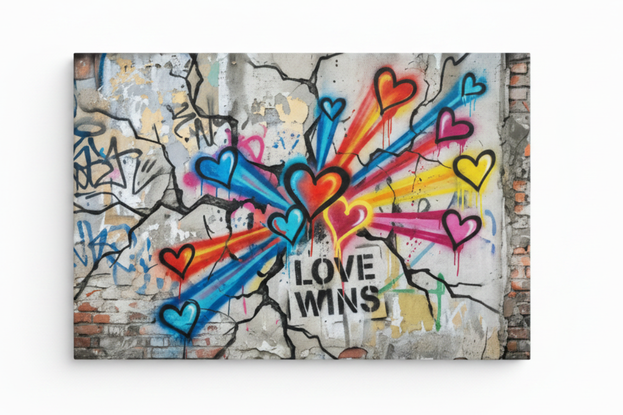 Love Wins vibrant graffiti hearts canvas print laid flat on white background - Portugal Canvas Co