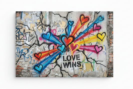 Love Wins vibrant graffiti hearts canvas print laid flat on white background - Portugal Canvas Co