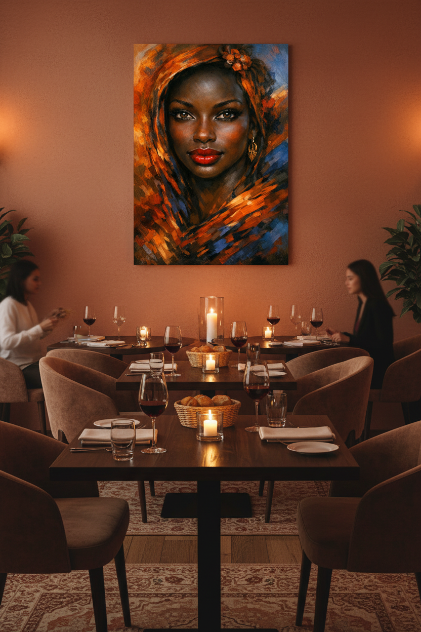 Vibrant African portrait woman orange headscarf canvas wall art on a terracotta wall in an upscale candlelit restaurant dining room - Portugal Canvas Co