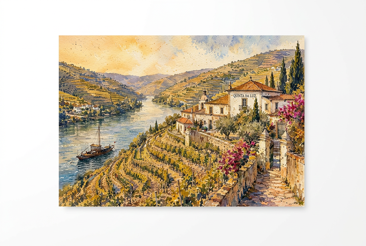 Douro Valley terraced vineyards, river boat and quinta landscape canvas on white - Portugal Canvas Co