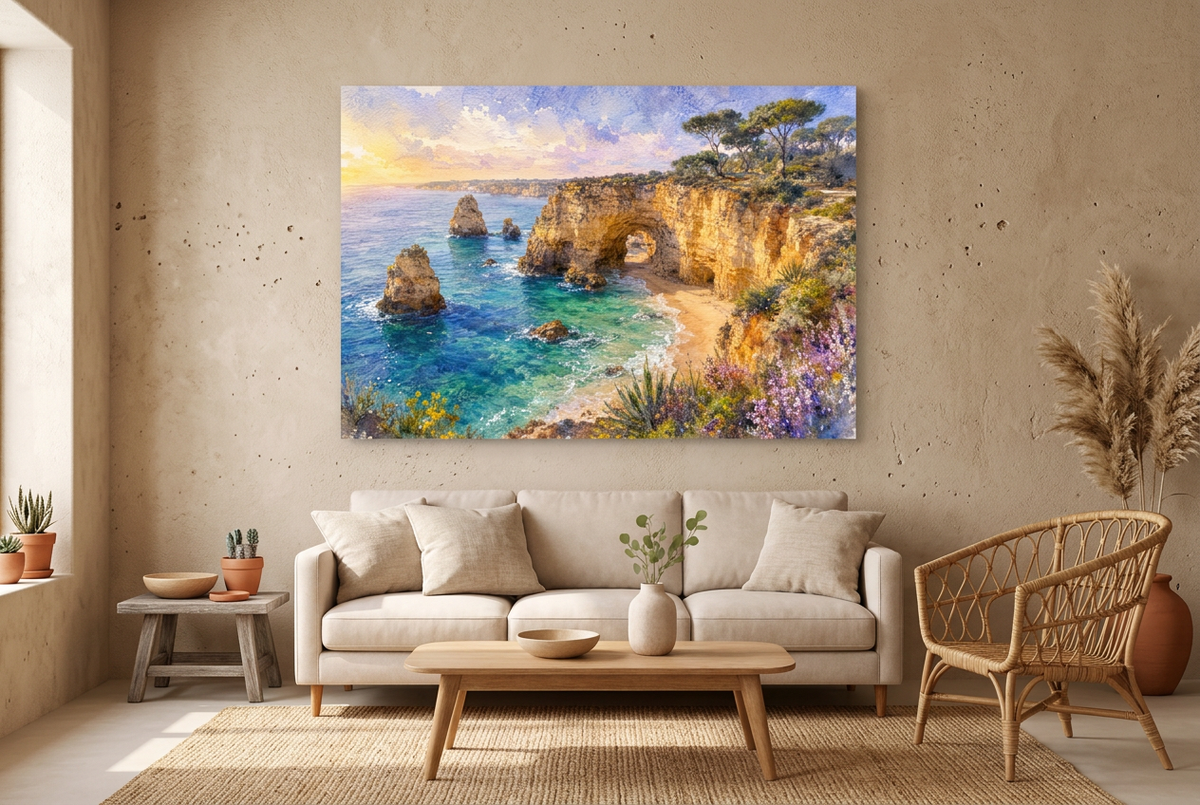 Algarve coastal arch canvas in a bohemian lounge with cream sofa and rattan chair - Portugal Canvas Co