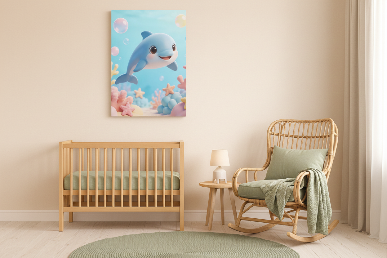 Cute dolphin canvas wall art displayed in a sage green nursery with rattan furniture - Portugal Canvas Co