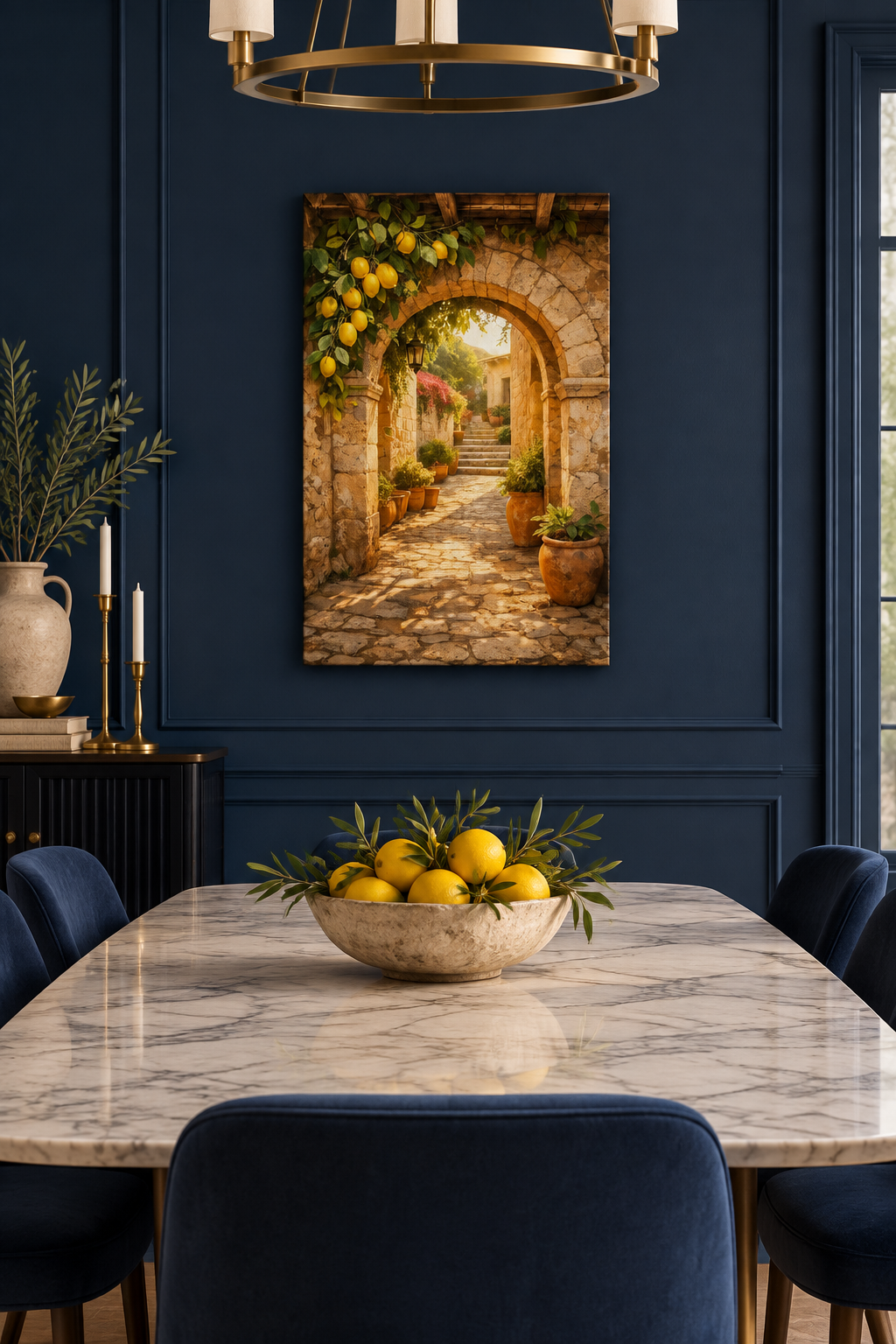 Stone archway with lemons and terracotta pots canvas print in a midnight blue dining room - Portugal Canvas Co