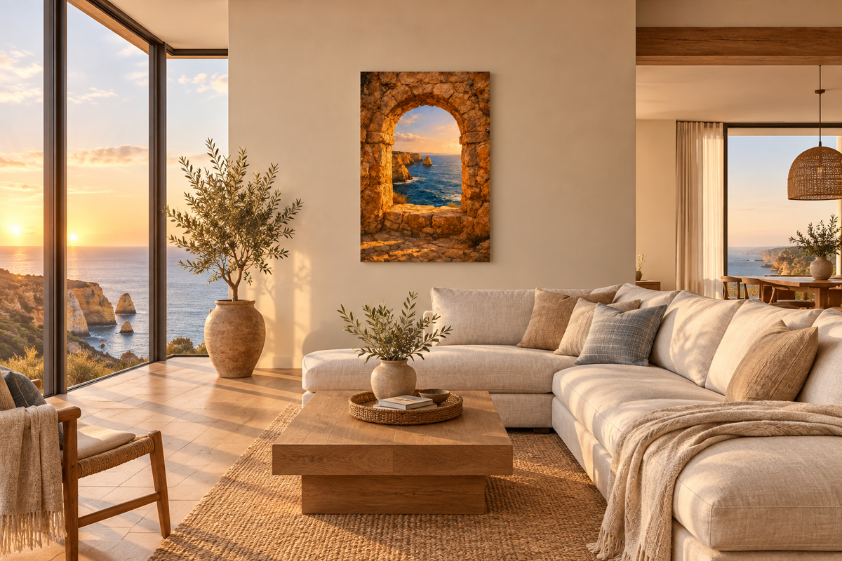 Algarve stone archway sunset canvas wall art above a coffee table in a modern coastal living room - Portugal Canvas Co