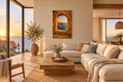 Algarve stone archway sunset canvas wall art above a coffee table in a modern coastal living room - Portugal Canvas Co
