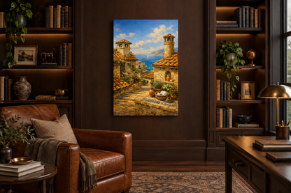 Portrait Mediterranean stone village and sea view canvas on a dark walnut wall in a luxury study - Portugal Canvas Co