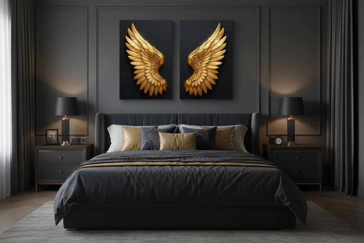 Golden angel wings diptych canvas wall art displayed above the bed in a luxurious dark bedroom with charcoal walls and gold accent pillows - Portugal Canvas Co