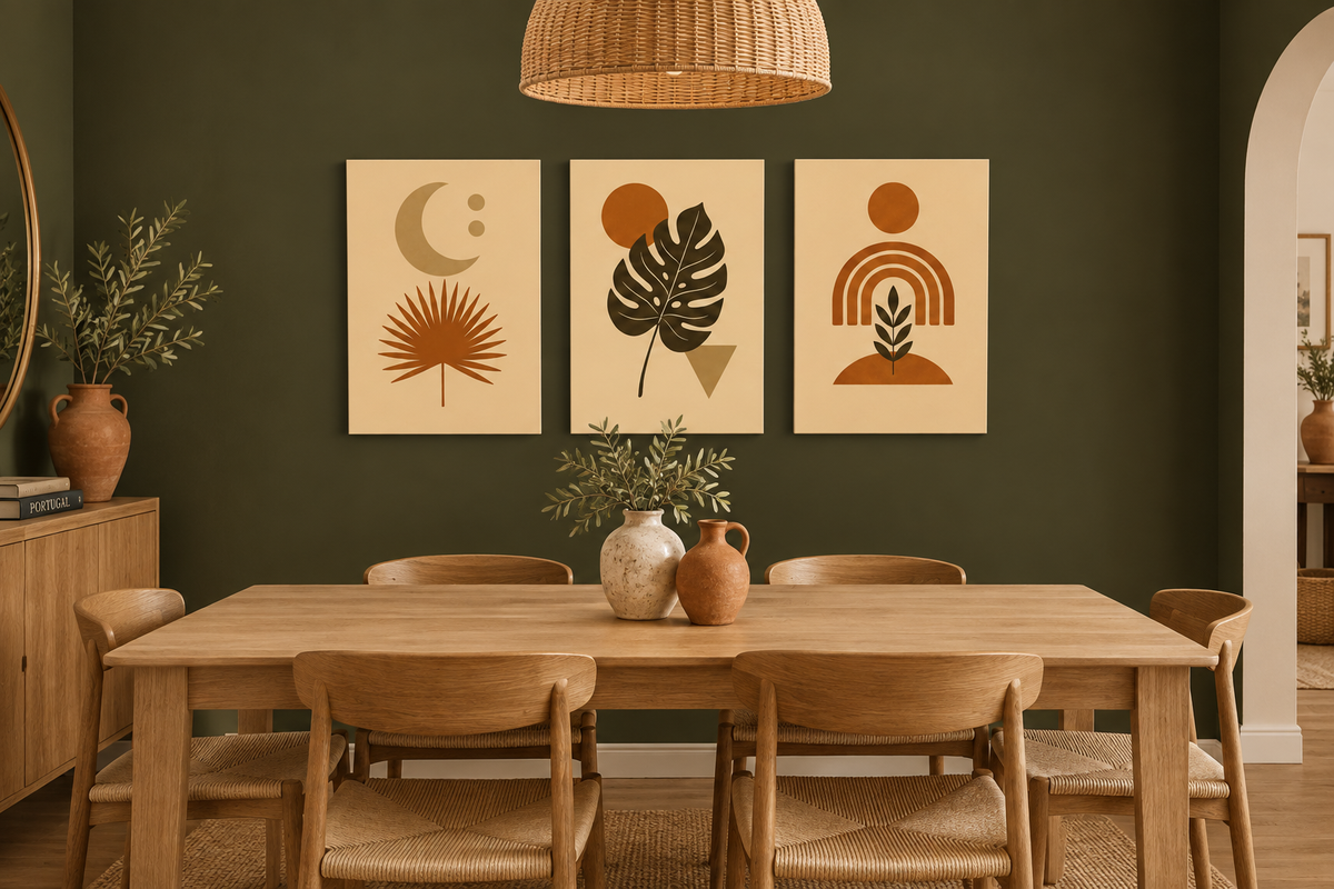 Boho moon, palm and monstera canvas set in a dark olive dining room with oak table - Portugal Canvas Co