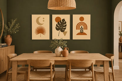 Boho moon, palm and monstera canvas set in a dark olive dining room with oak table - Portugal Canvas Co